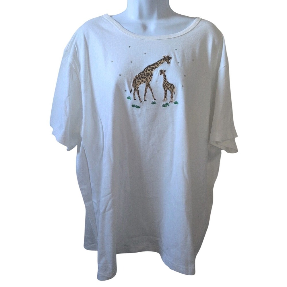 Quacker Factory Women 2X White Cotton Giraffe Rhinestone Star T Shirt - New